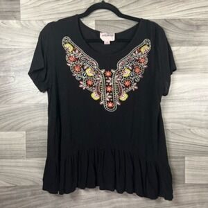 Epilogue Blouse Womens L Black Short Sleeve Scoop Neck Wings Embroidered Boho‎